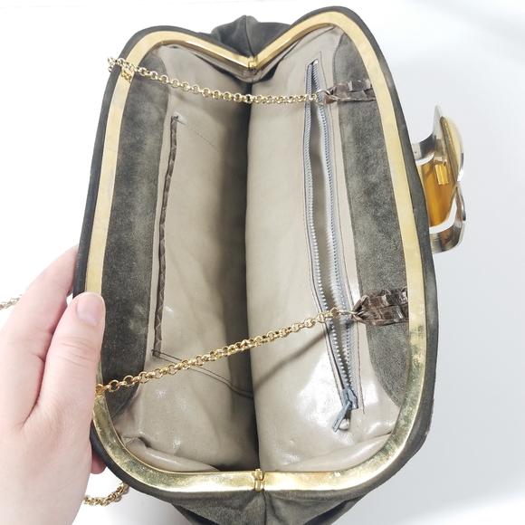 Vintage Dark Moss Green Suede Brown Snakeskin Purse - Picture 5 of 10